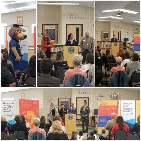 Collage of pictures of people standing at a podium talking to a group.